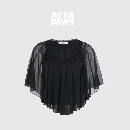 AFTADAWN_Lace_Trim_U_Neck_Ruched_Cape_Sleeve_Mesh_Women&