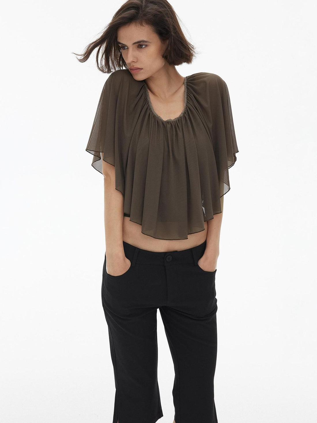 AFTADAWN Lace Trim U Neck Ruched Cape Sleeve Mesh Women&