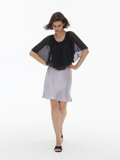AFTADAWN Lace Trim U Neck Ruched Cape Sleeve Mesh Women&