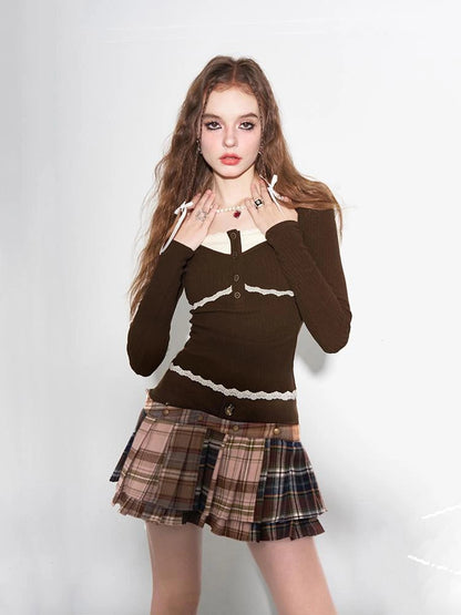 Lace Trimmed Ribbed Knit Top