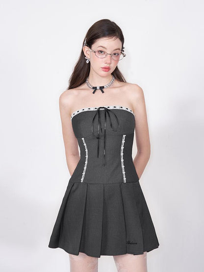 AFTADAWN Lace Up Striped Wool Blazer Dress With Sleeveless Vest