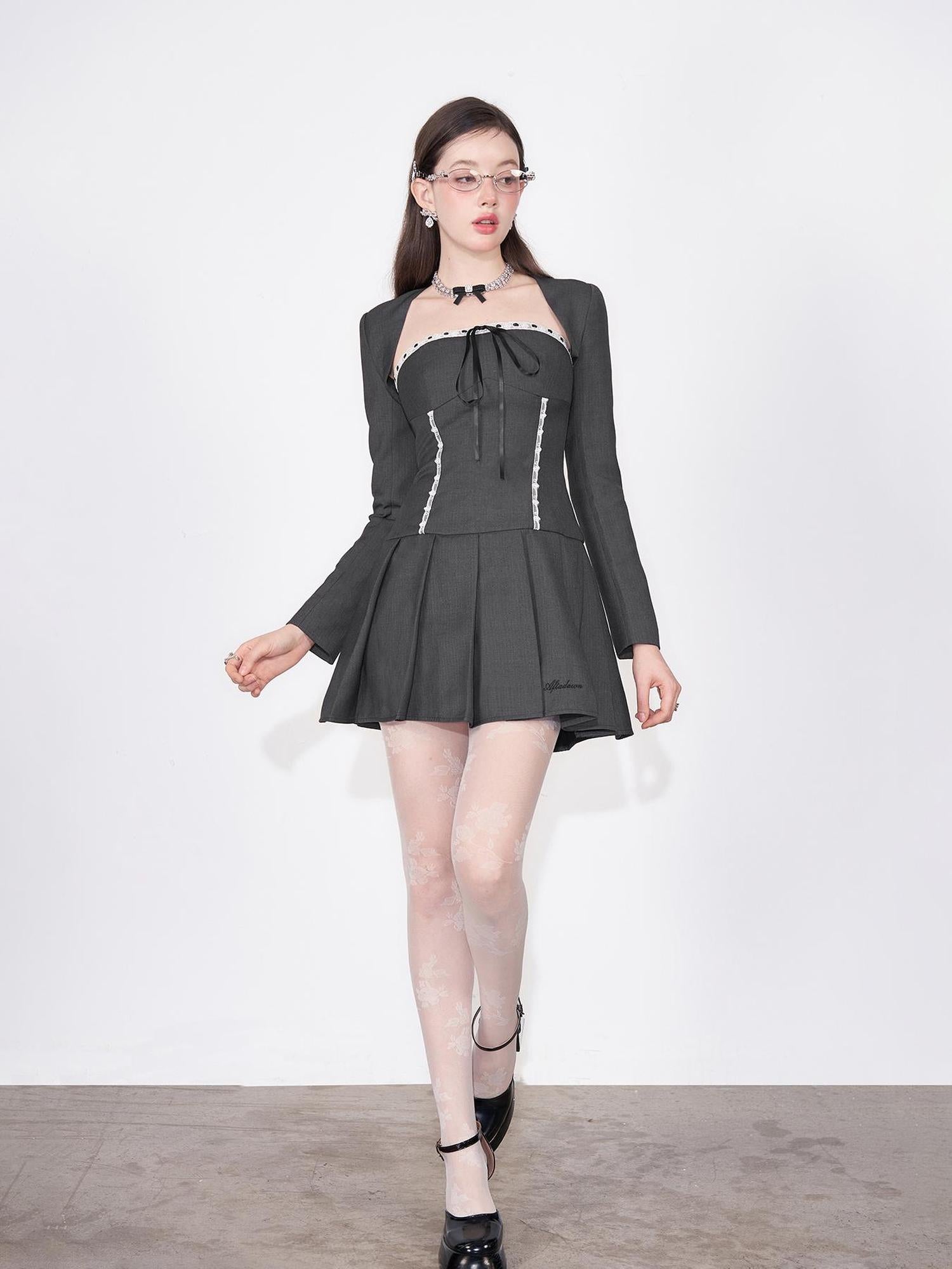 AFTADAWN Lace Up Striped Wool Blazer Dress With Sleeveless Vest