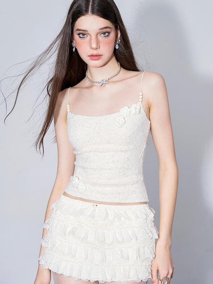 AFTADAWN Layered Lace A Line Mini Skirt Black White