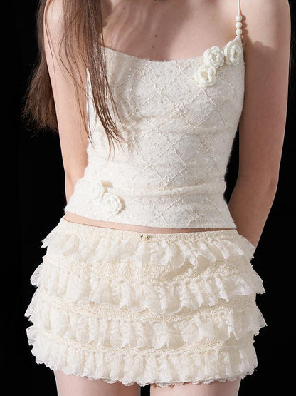 AFTADAWN Layered Lace A Line Mini Skirt Black White