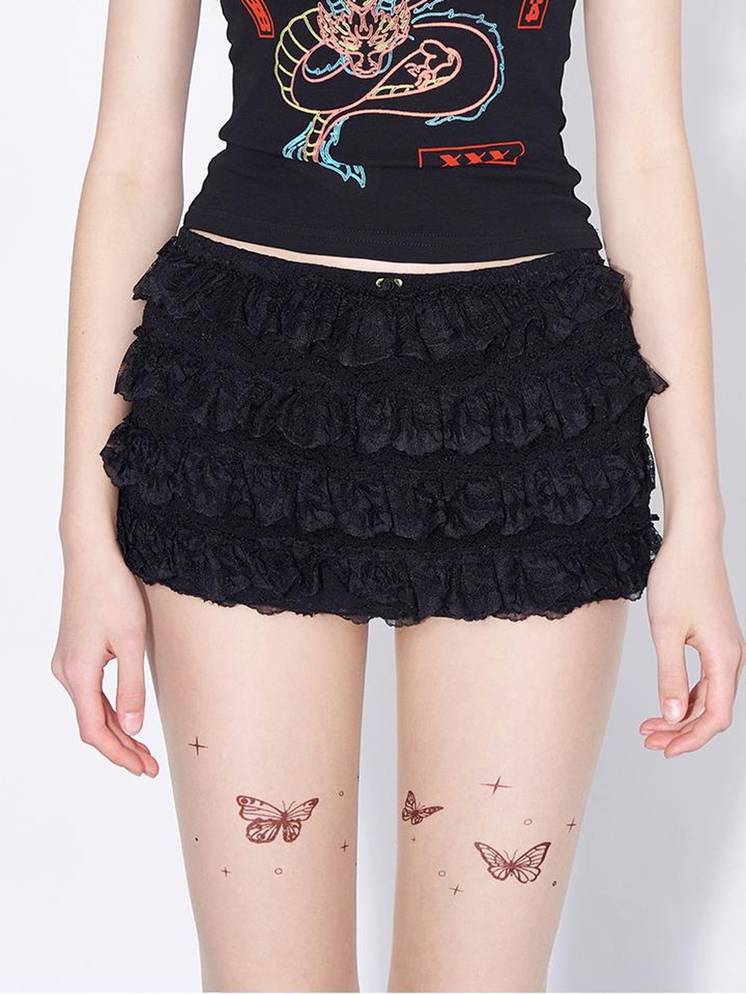 AFTADAWN Layered Lace A Line Mini Skirt Black White