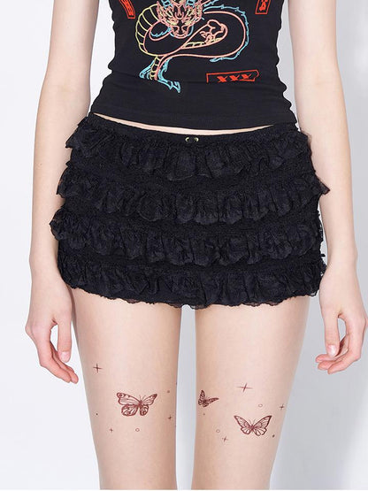 AFTADAWN Layered Lace A Line Mini Skirt Black White