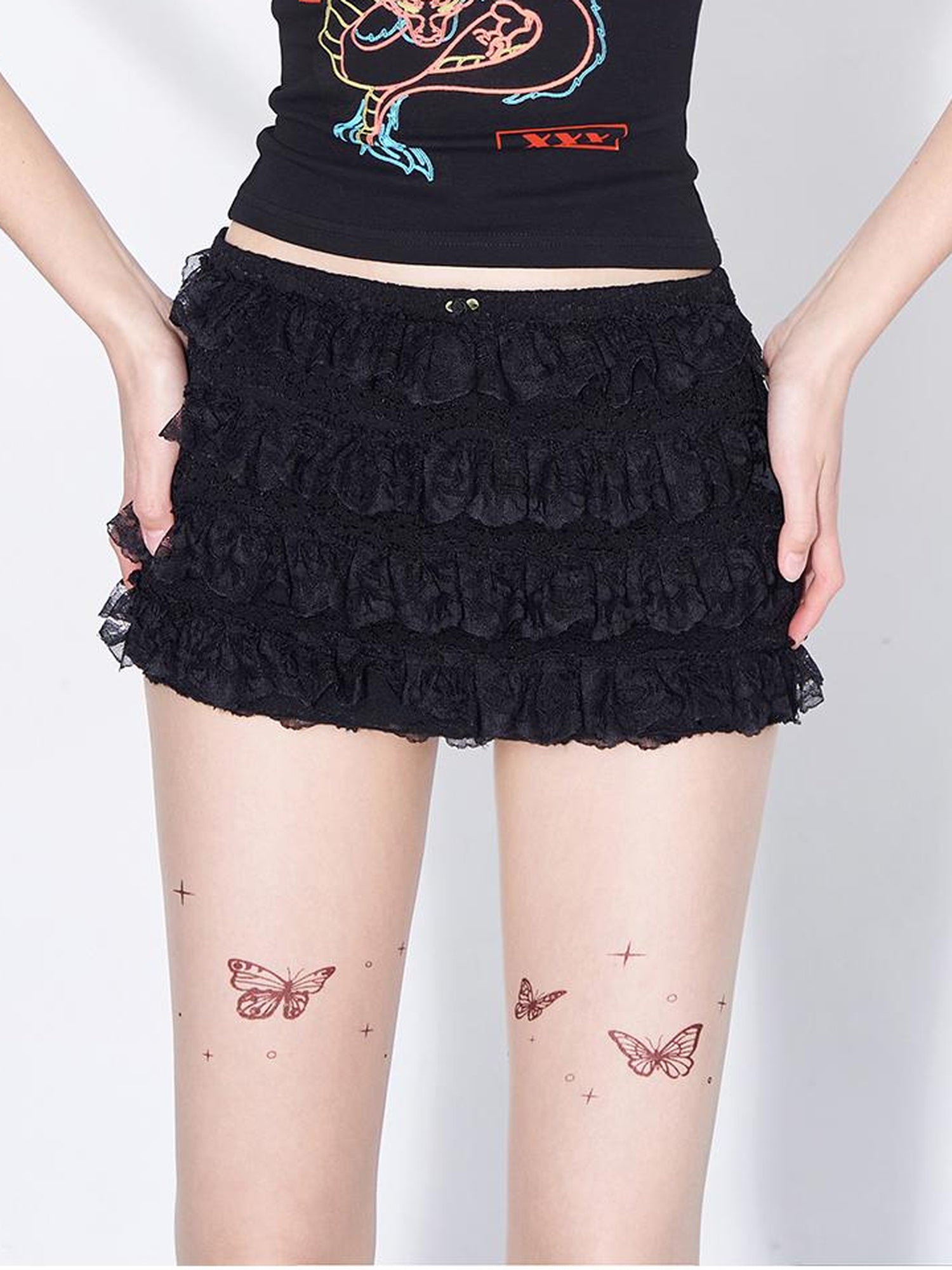 AFTADAWN Layered Lace A Line Mini Skirt Black White