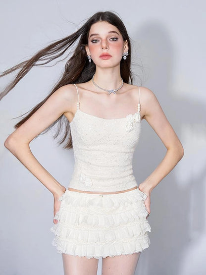 Layered Lace A Line Mini Skirt Black White