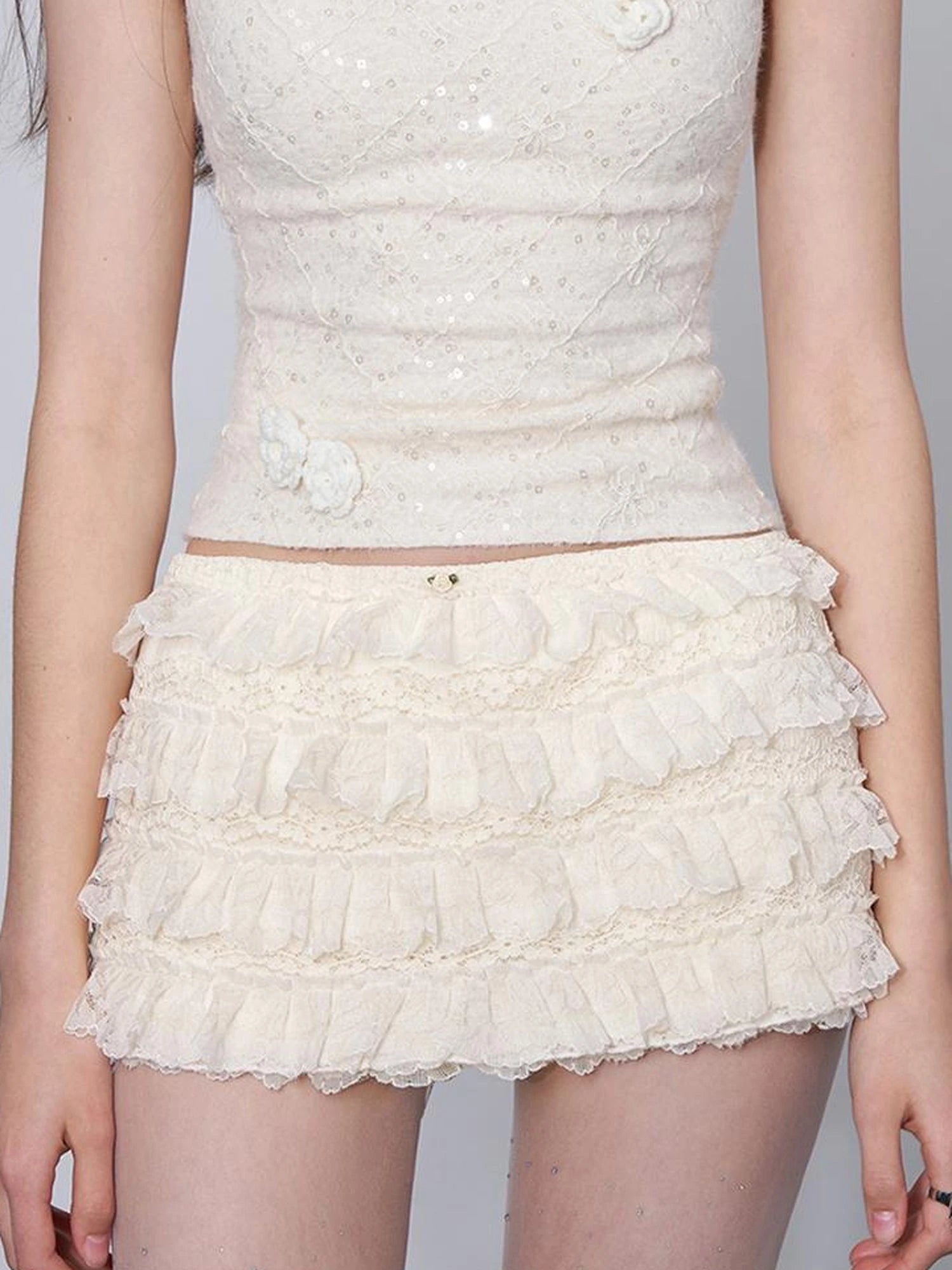 Layered Lace A Line Mini Skirt Black White