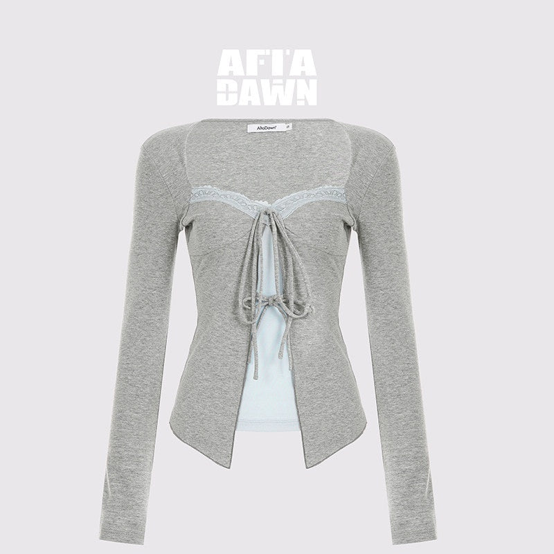 AFTADAWN_Layered_Lace_Splice_V-neck_Tie_Women&