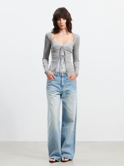 AFTADAWN Layered Lace Splice V-neck Tie Women&