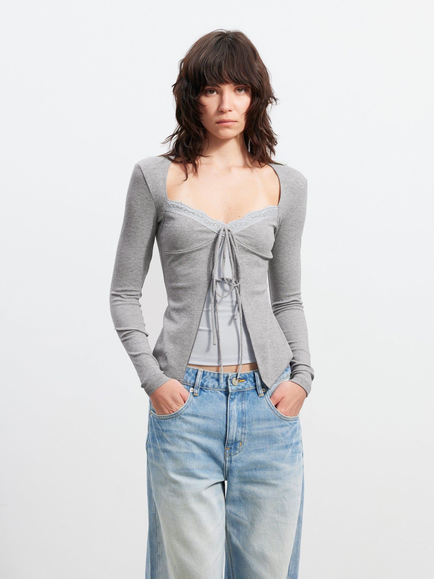 AFTADAWN Layered Lace Splice V-neck Tie Women&