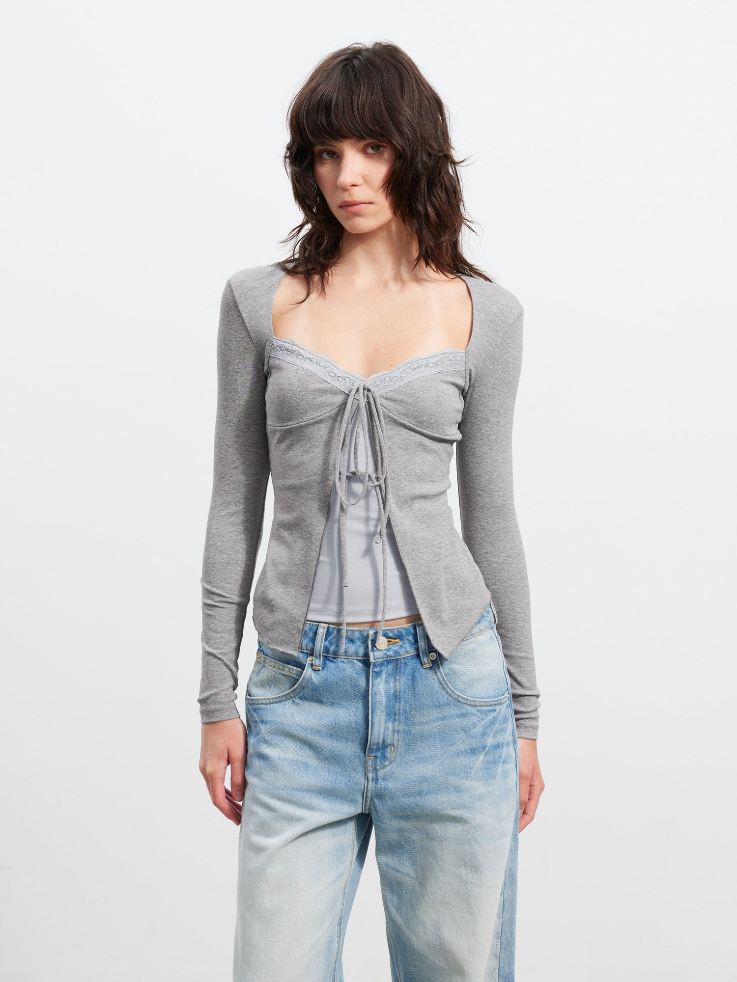 AFTADAWN Layered Lace Splice V-neck Tie Women&
