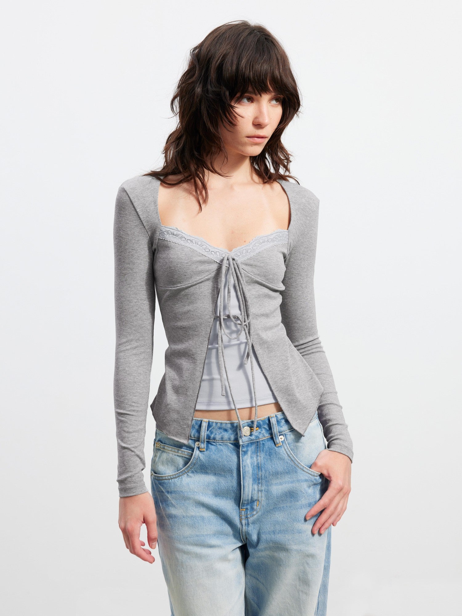 AFTADAWN Layered Lace Splice V-neck Tie Women&
