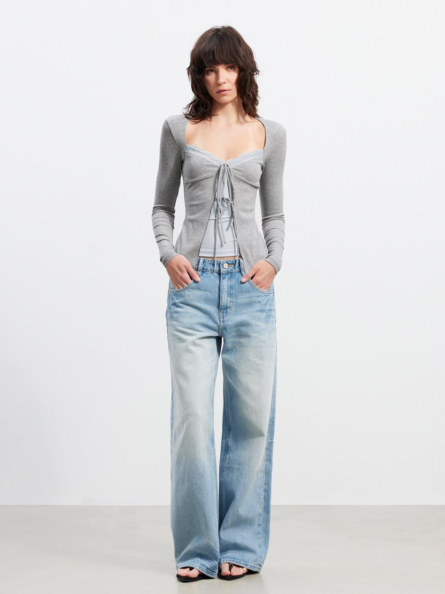 AFTADAWN Layered Lace Splice V-neck Tie Women&