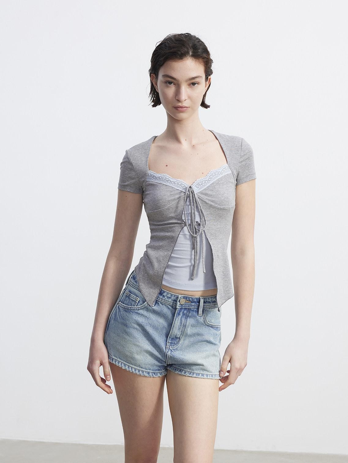 AFTADAWN Layered Lace Splice V-neck Tie Women&