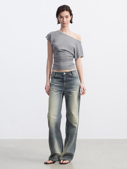 AFTADAWN Layered Ruched Asymmetrical Shoulder Women&