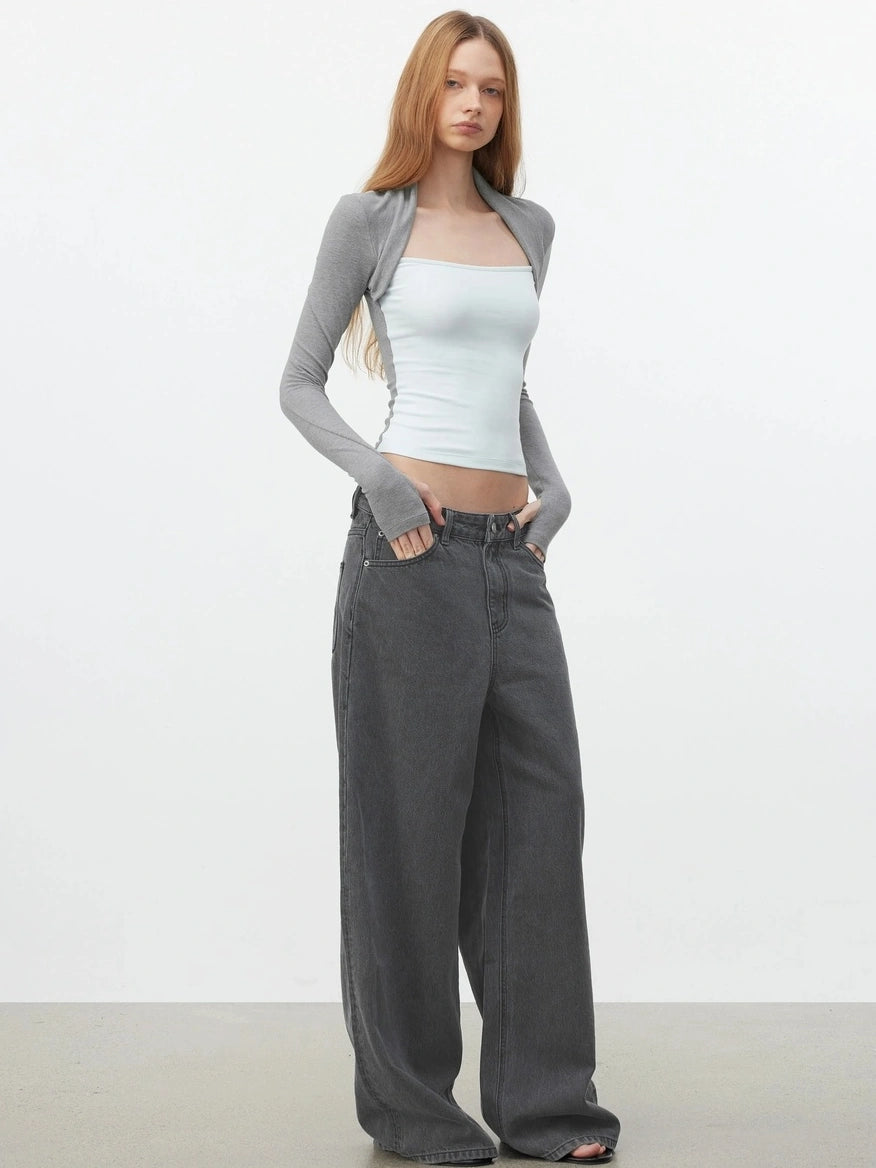 AFTADAWN Layered Sleeve Mock Two Tone Stretch Top T-shirt