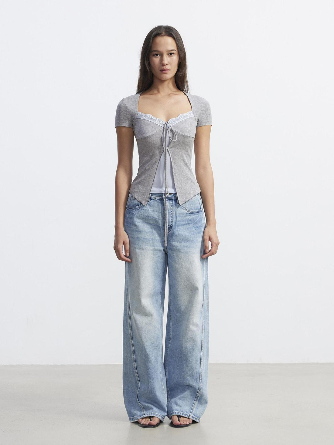 AFTADAWN Layered V-neck Lace Tie Front Colorblock Women&
