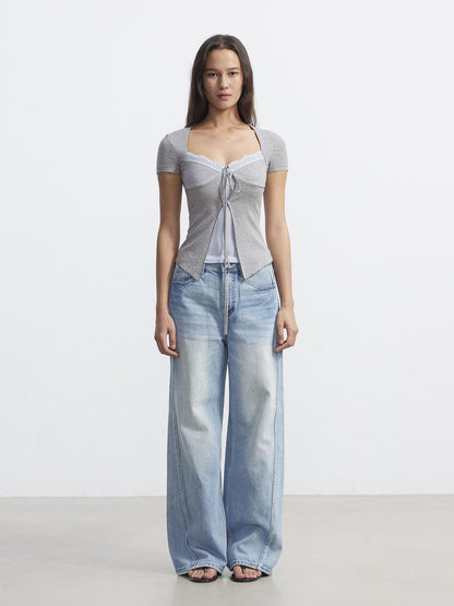 AFTADAWN Layered V-neck Lace Tie Front Colorblock Women&