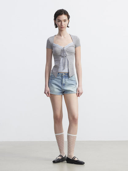 AFTADAWN Layered V-neck Lace Tie Front Colorblock Women&