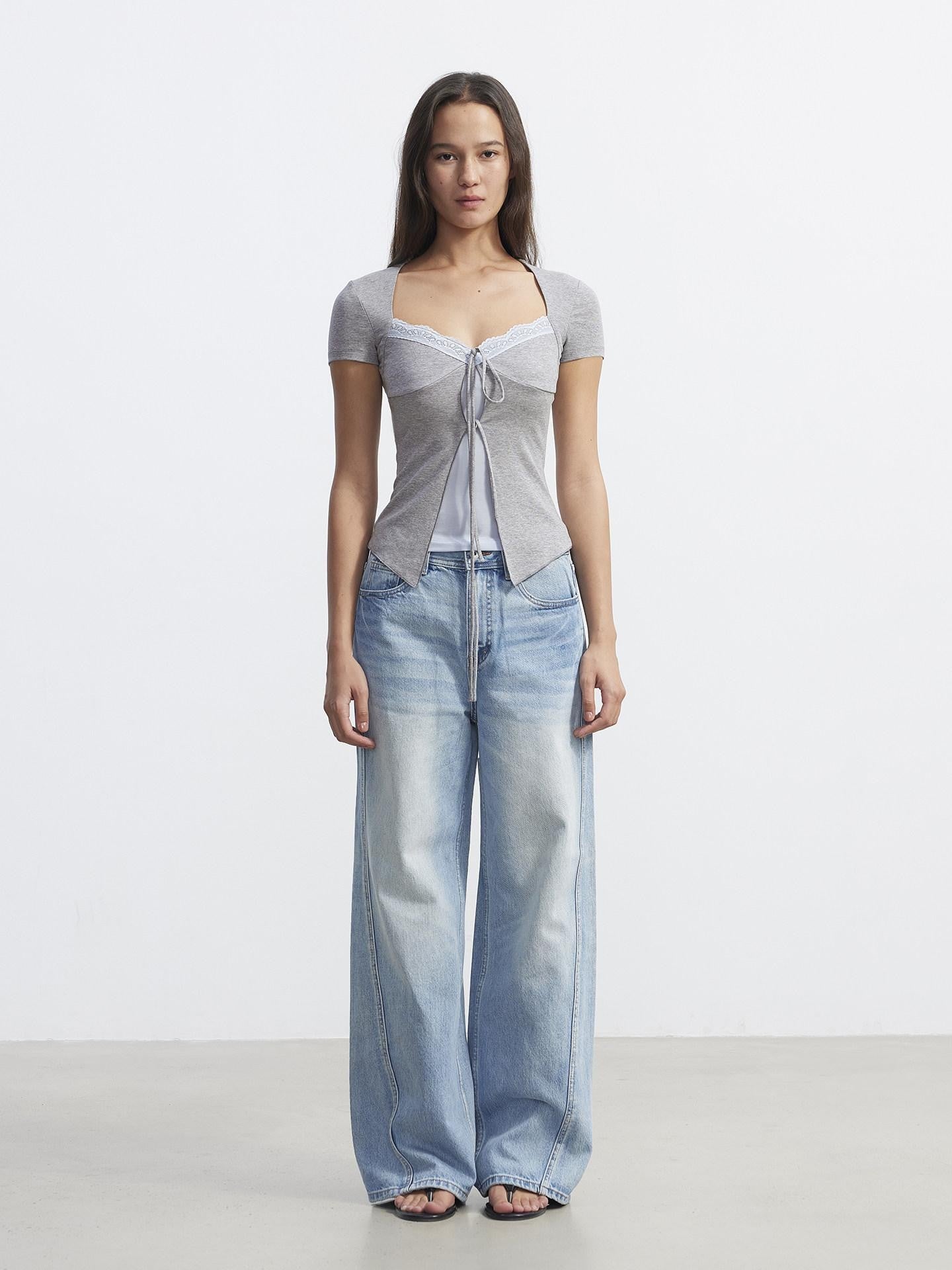 AFTADAWN Layered V-neck Lace Tie Front Colorblock Women&