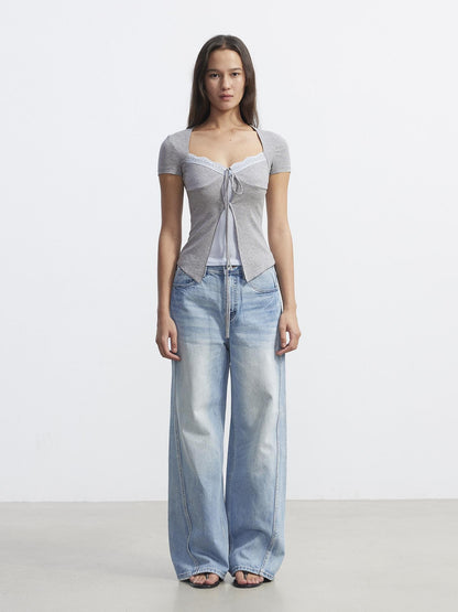 AFTADAWN Layered V-neck Lace Tie Front Colorblock Women&