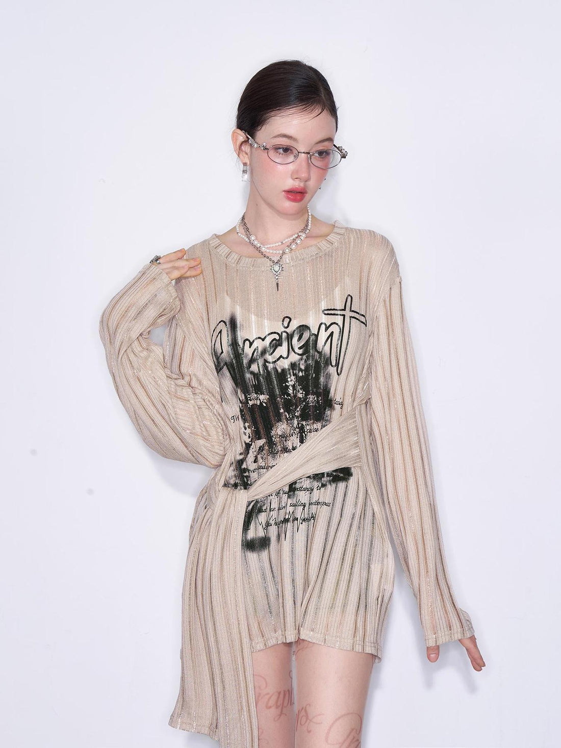 AFTADAWN Lazy Ribbed Knit Top With Drawstring