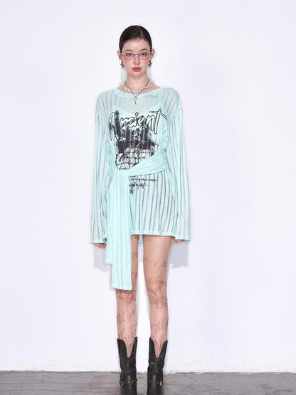 AFTADAWN Lazy Ribbed Knit Top With Drawstring