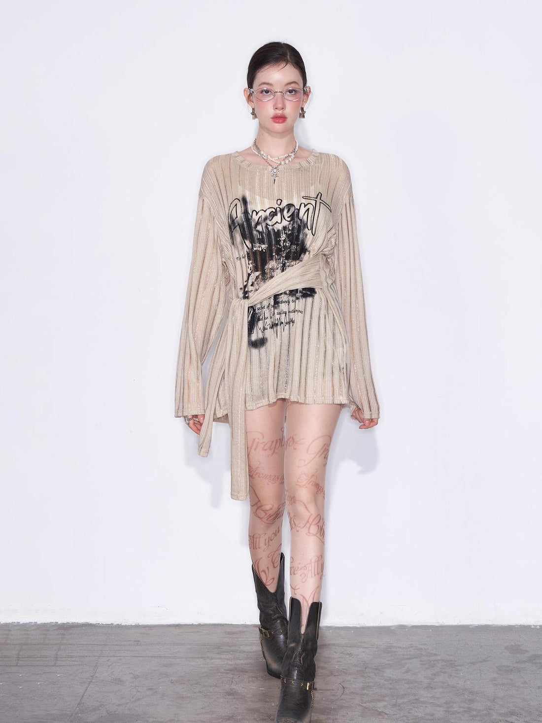 AFTADAWN Lazy Ribbed Knit Top With Drawstring