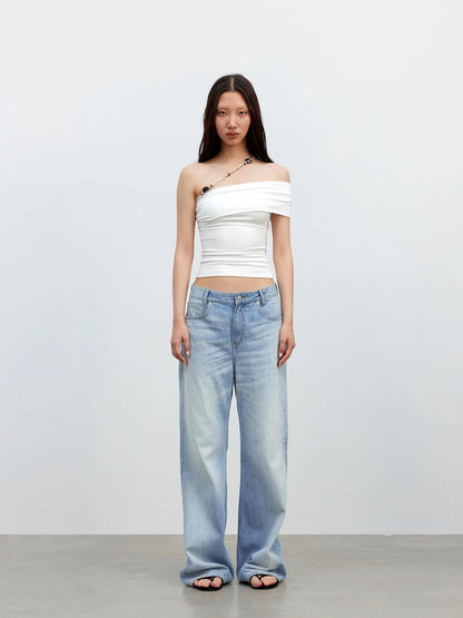 Leisure Asymmetric Beaded Off Shoulder Top