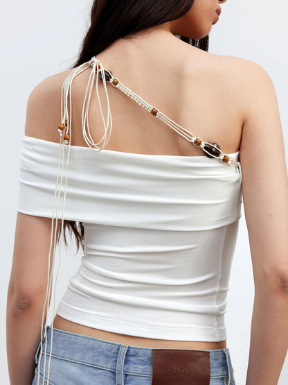 Leisure Asymmetric Beaded Off Shoulder Top
