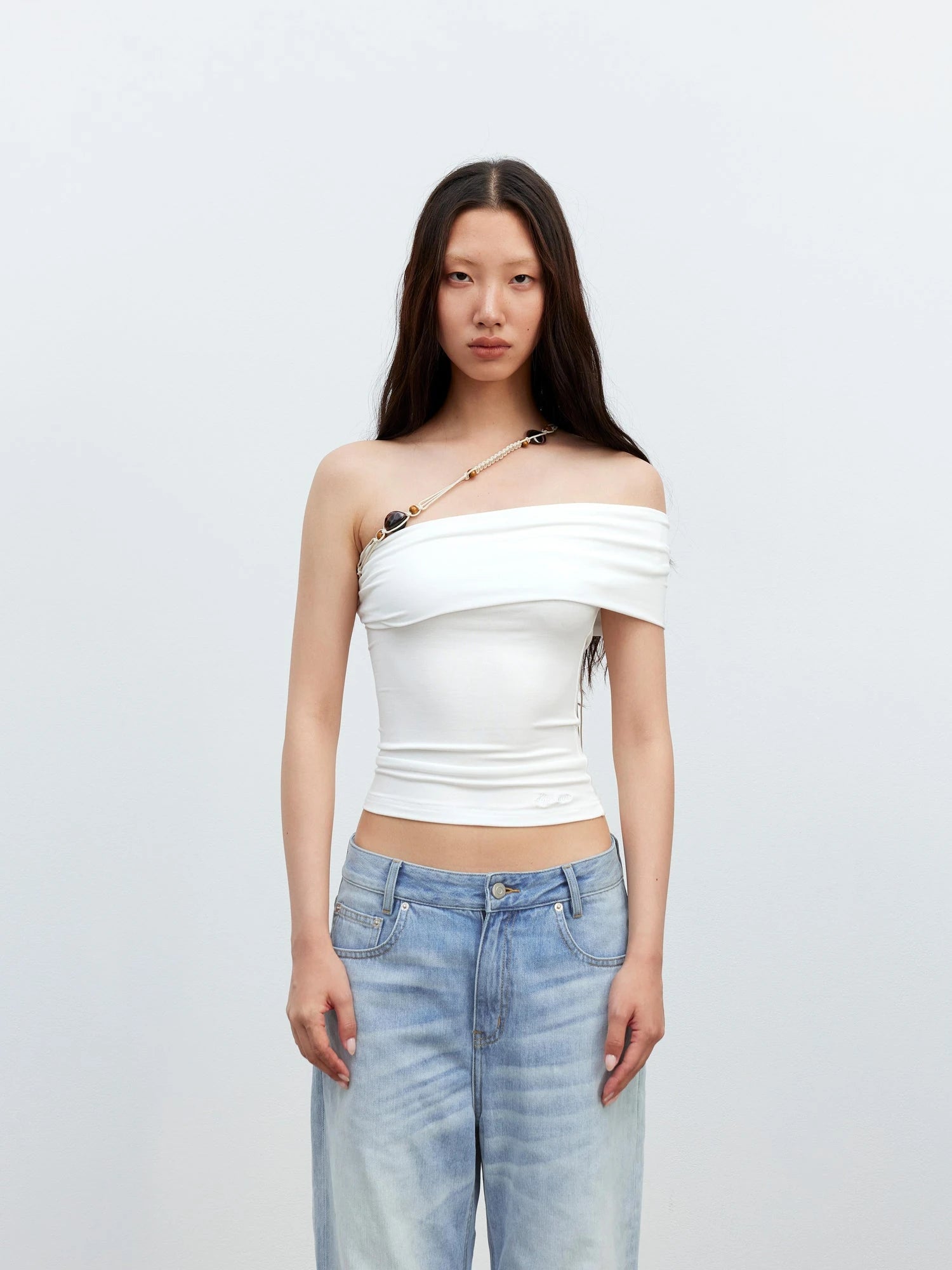 Leisure Asymmetric Beaded Off Shoulder Top
