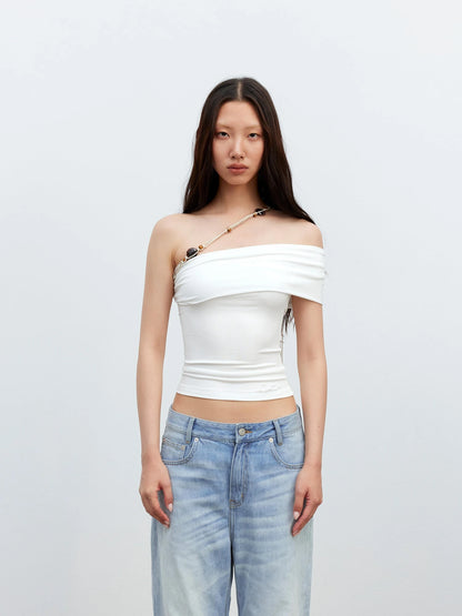 Leisure Asymmetric Beaded Off Shoulder Top