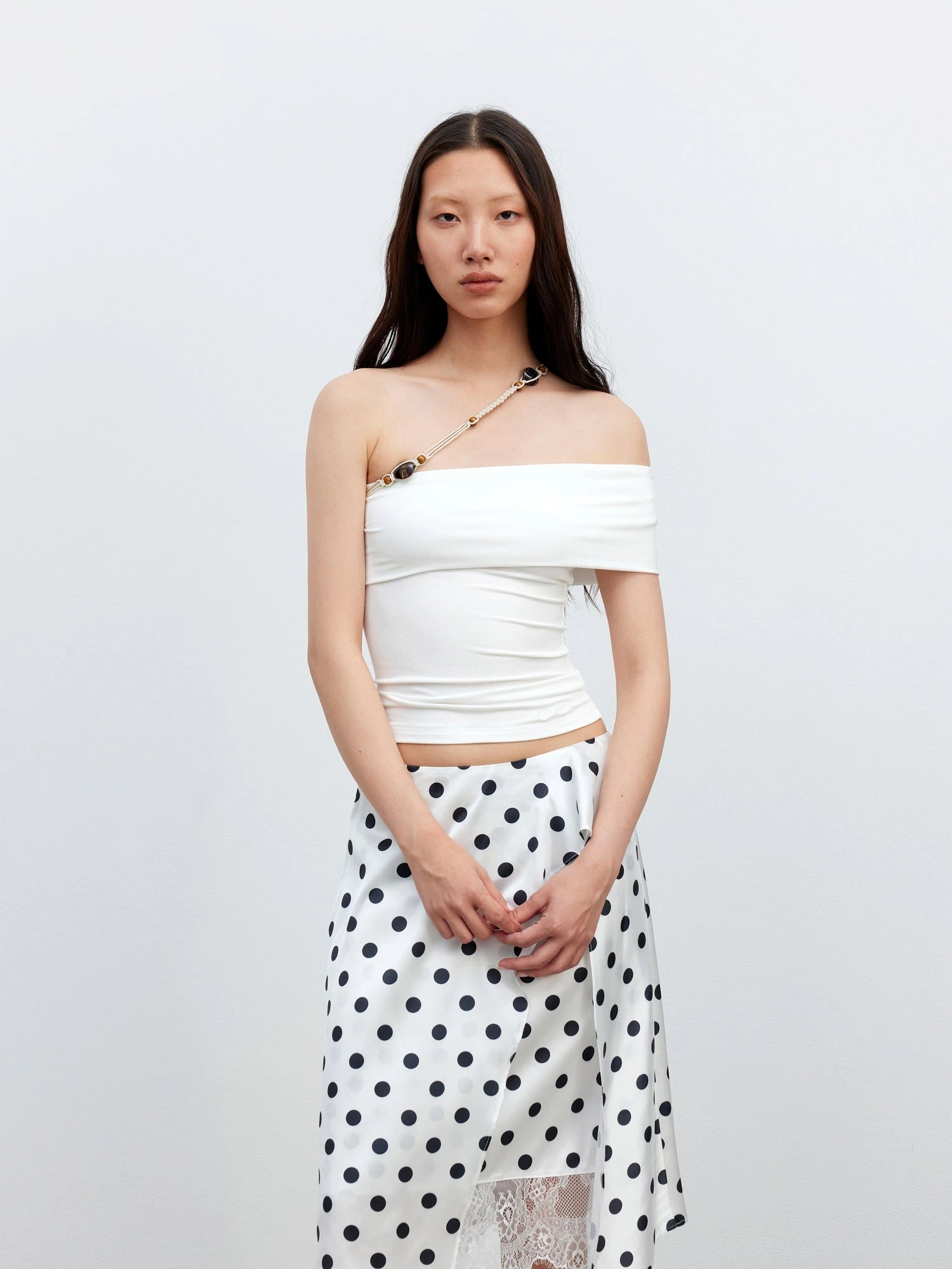 Leisure Asymmetric Beaded Off Shoulder Top