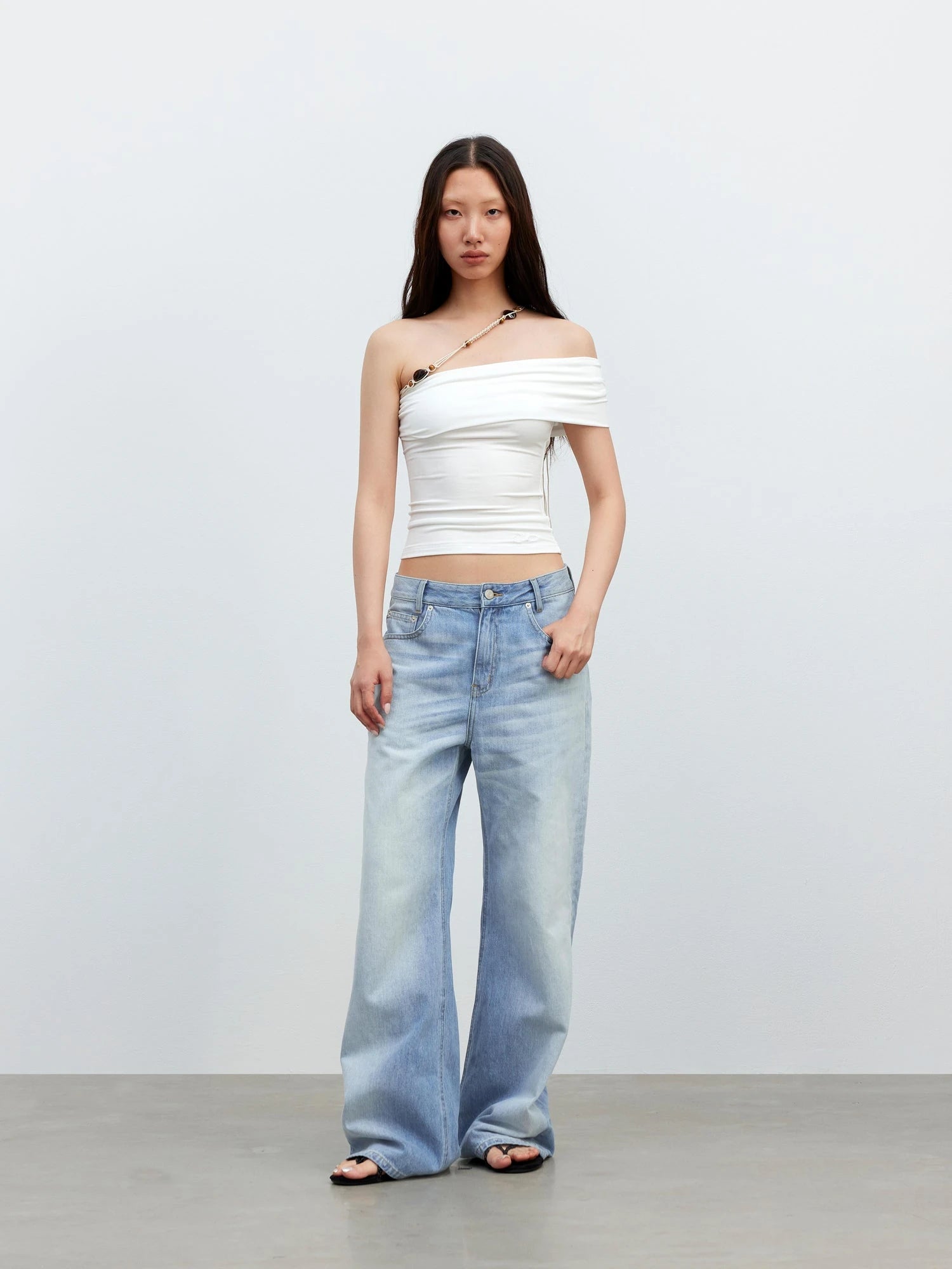 Leisure Asymmetric Beaded Off Shoulder Top