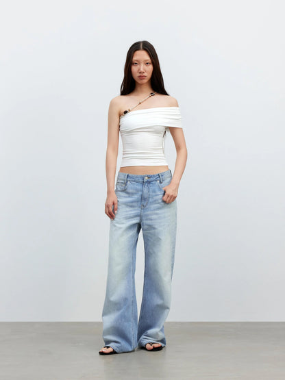 Leisure Asymmetric Beaded Off Shoulder Top