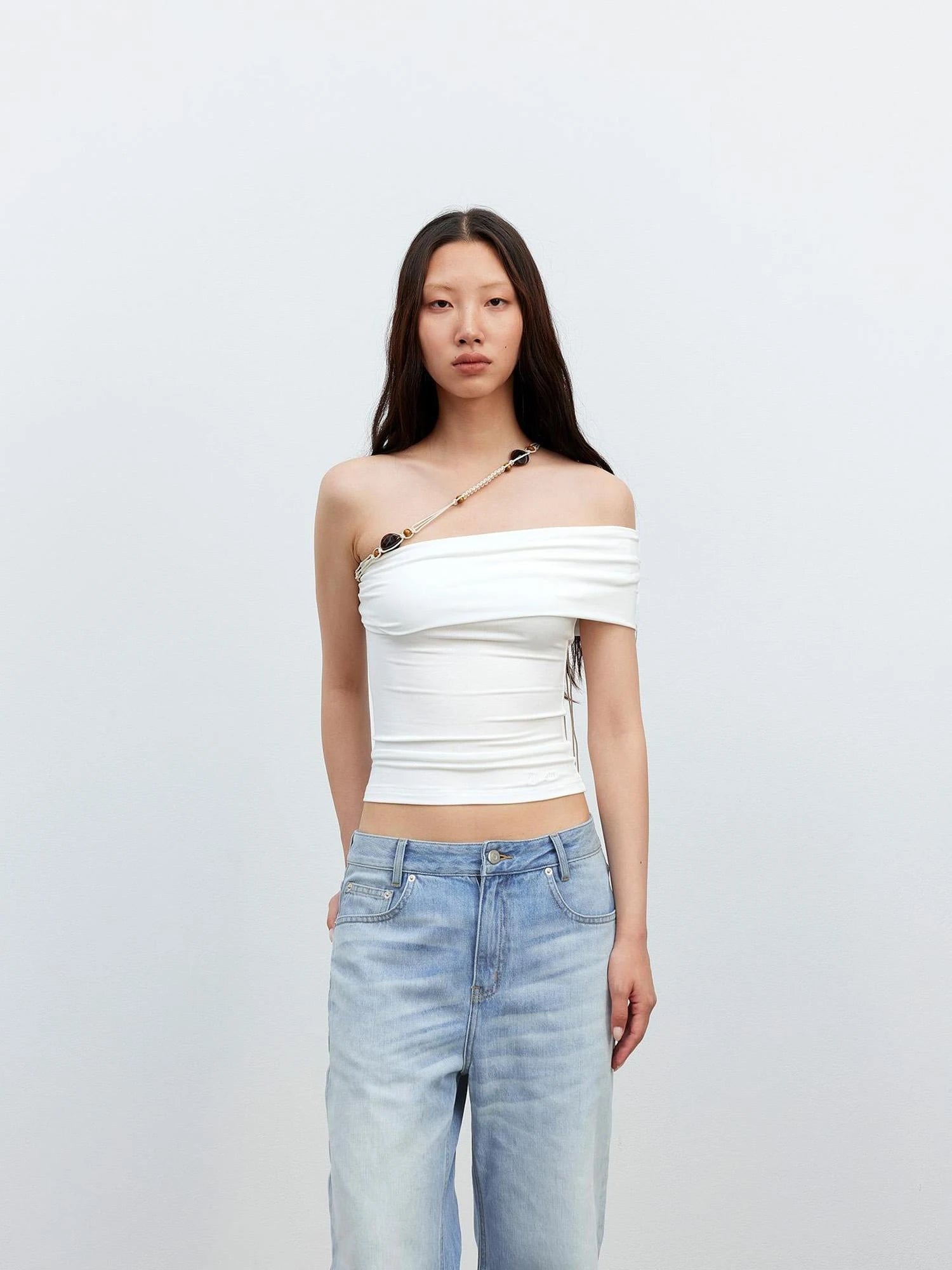 Leisure Asymmetric Beaded Off Shoulder Top