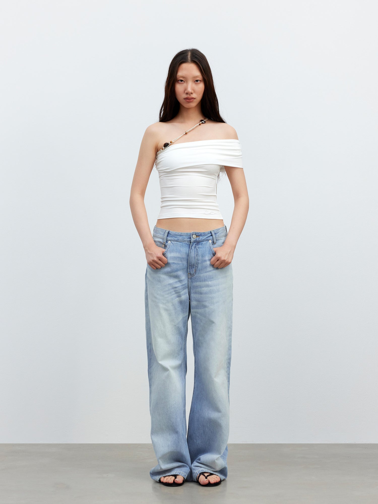 AFTADAWN Leisure Asymmetric Beaded Off Shoulder Top