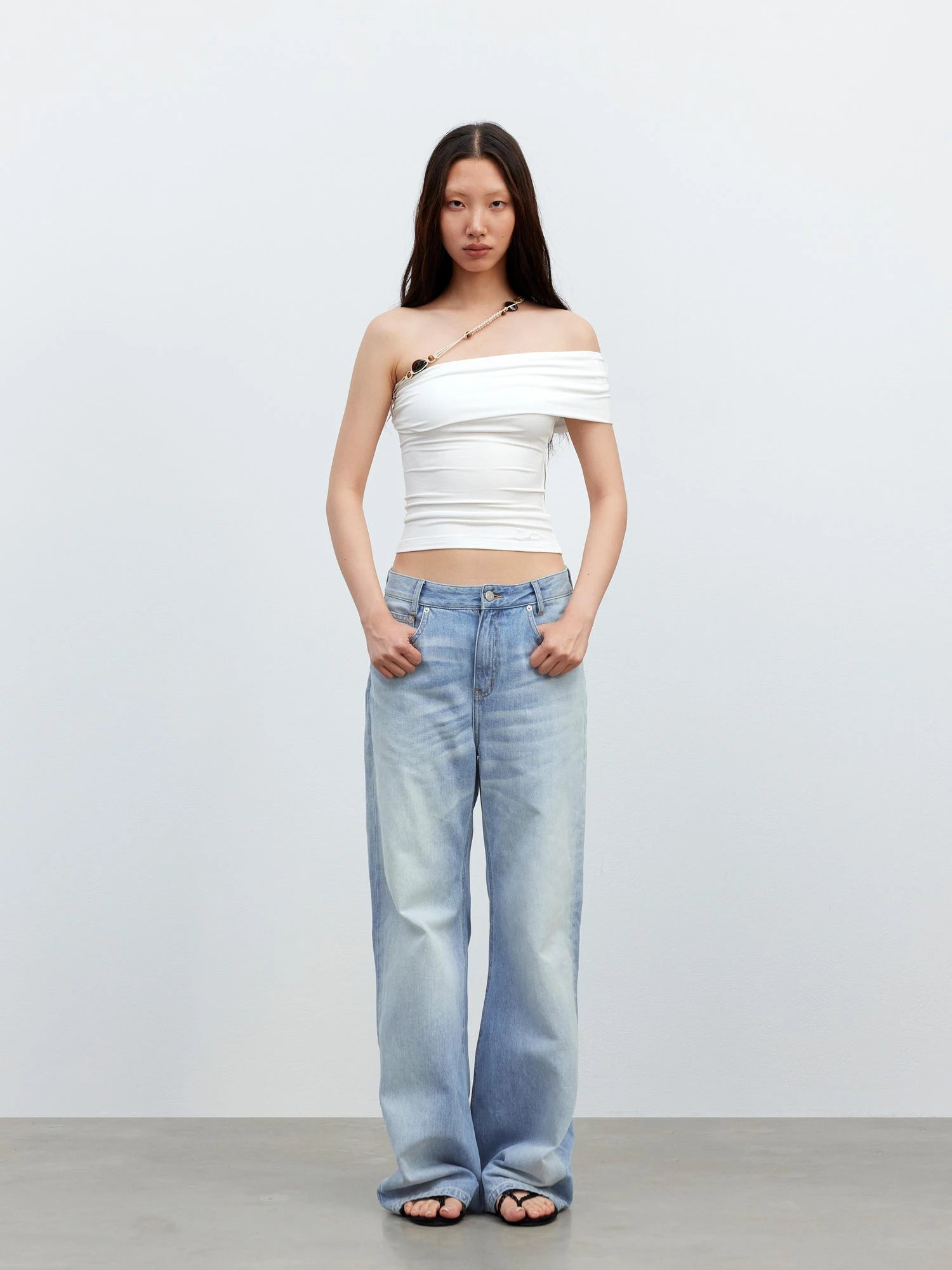 Leisure Asymmetric Beaded Off Shoulder Top