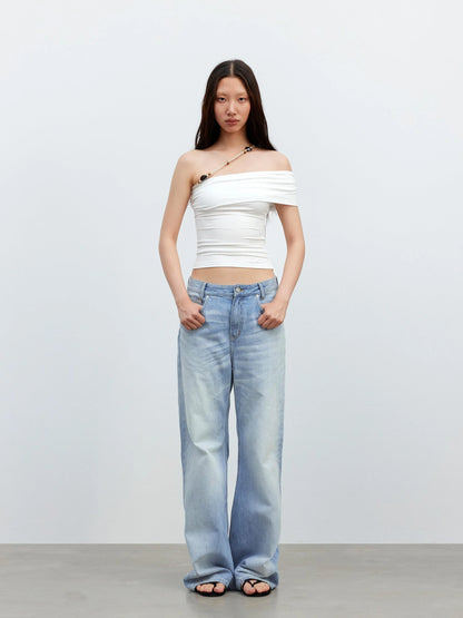 Leisure Asymmetric Beaded Off Shoulder Top