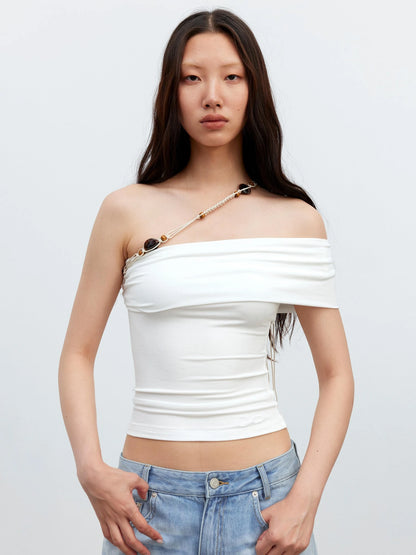 Leisure Asymmetric Beaded Off Shoulder Top
