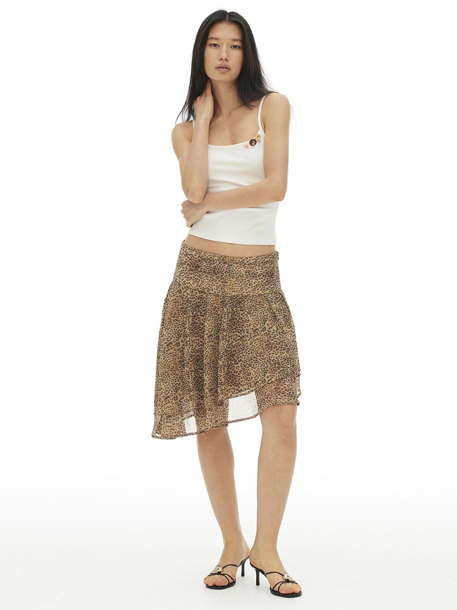 AFTADAWN Leopard Print Asymmetric Double Layer A Line Women&