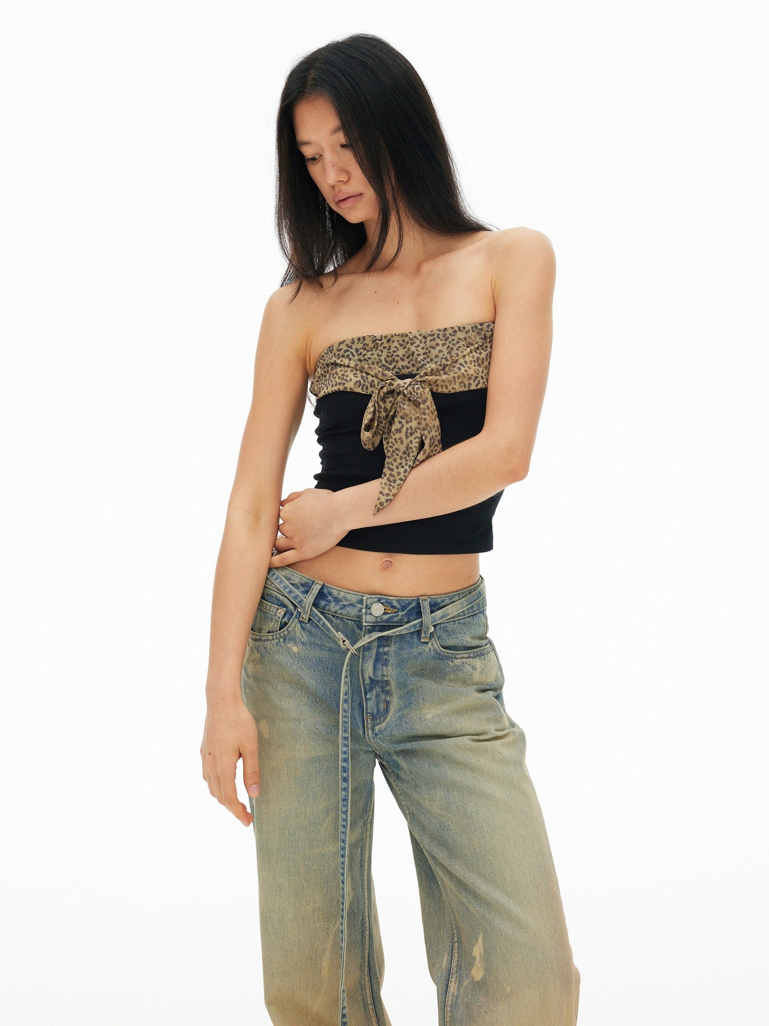 AFTADAWN Leopard Print Chiffon Splice Tie Bandeau Slim Women&
