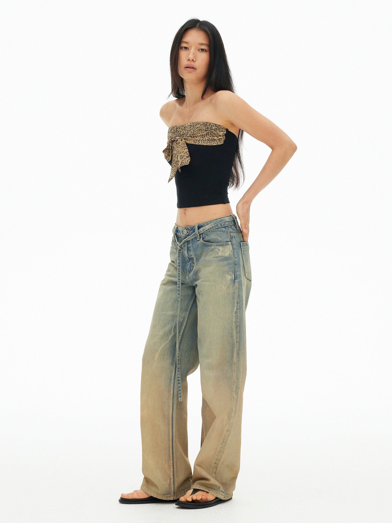 AFTADAWN Leopard Print Chiffon Splice Tie Bandeau Slim Women&