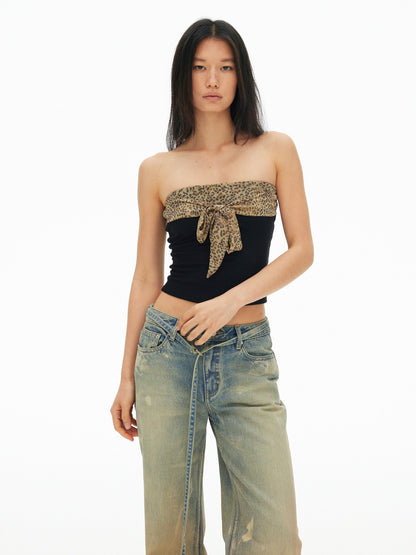 AFTADAWN Leopard Print Chiffon Splice Tie Bandeau Slim Women&