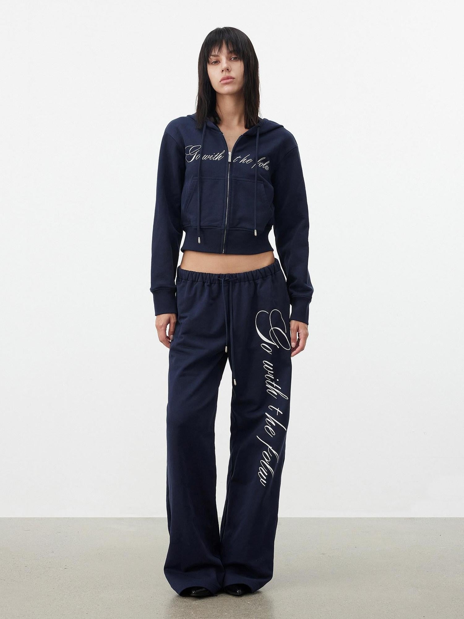 AFTADAWN Letter Embroidery Hooded Crop Loose Pants Women&