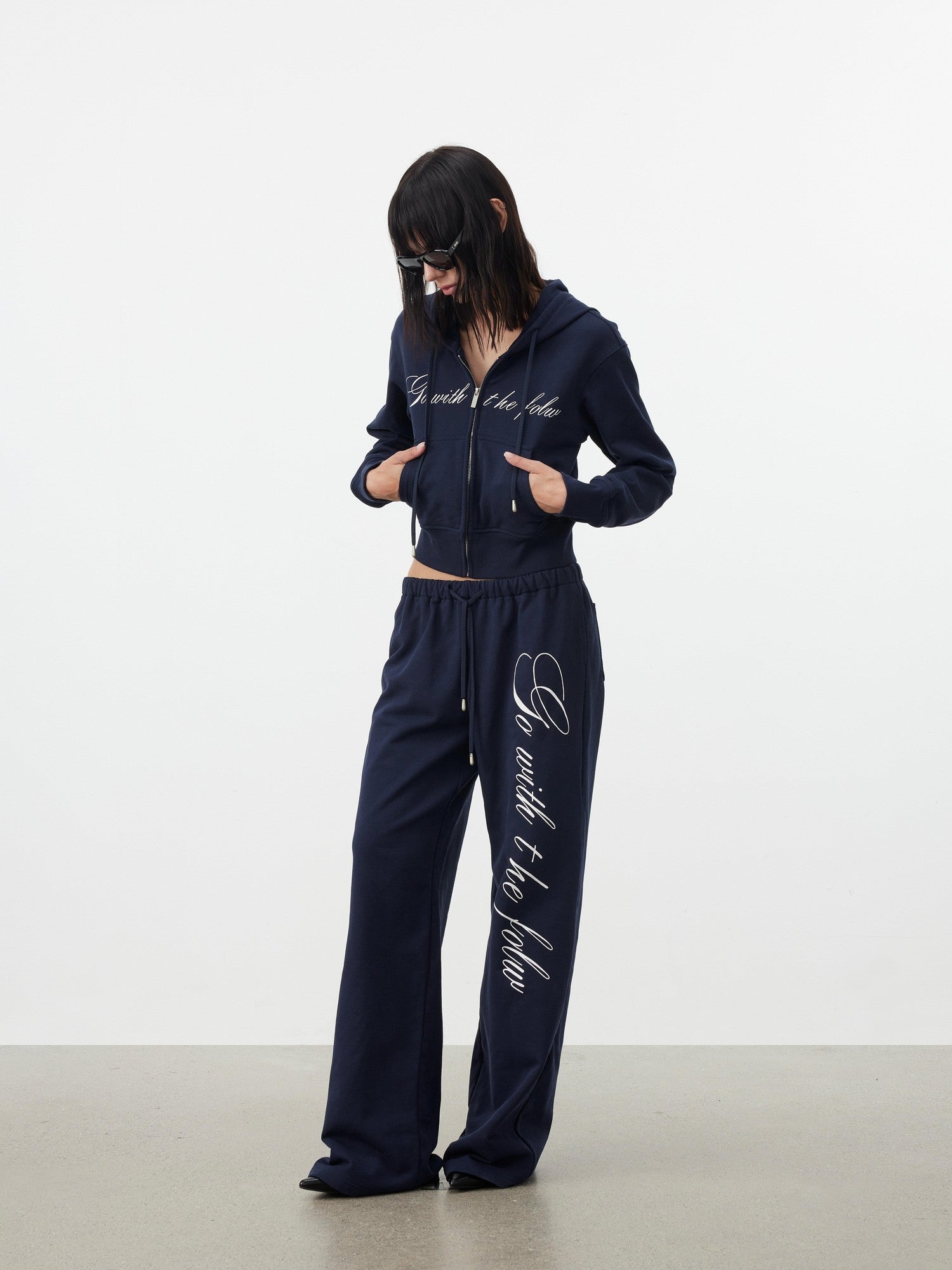 AFTADAWN Letter Embroidery Hooded Crop Loose Pants Women&