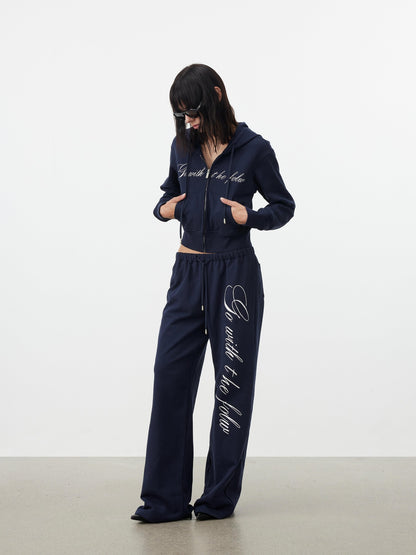 AFTADAWN Letter Embroidery Hooded Crop Loose Pants Women&
