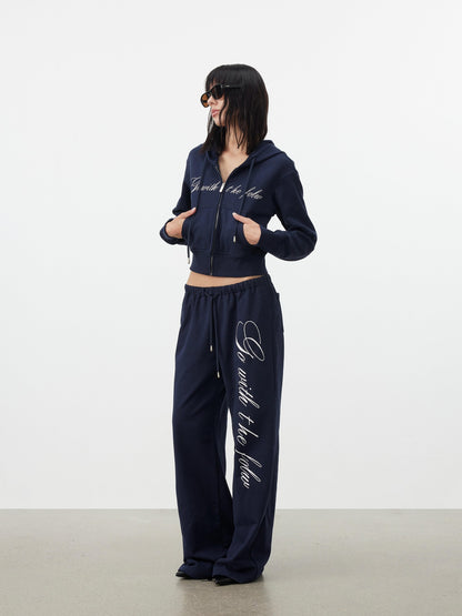AFTADAWN Letter Embroidery Hooded Crop Loose Pants Women&